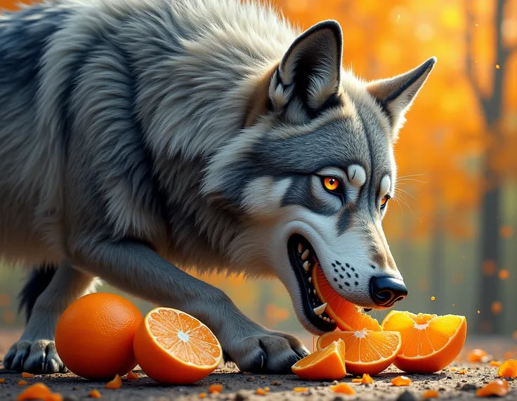 a wolf,  drawing style for colored ren, Eating tangerines 