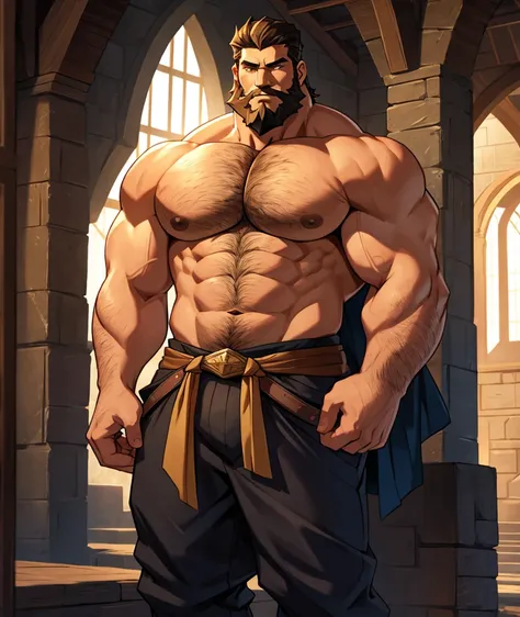 Middle ages time. Tall demigod male, wide frame with lots of muscle. Body of a god, strong, well defined, mature man, handsome, beard and short hair, shirtless, trousers, hairy