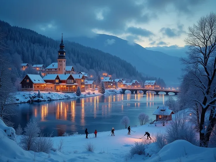 Winter landscape of a beautiful little village located on the banks of a lake, we are at nightfall, the village is illuminated. The lights of the village are reflected on the ice of the latter, people are skating, others are playing hockey. In the backgrou...