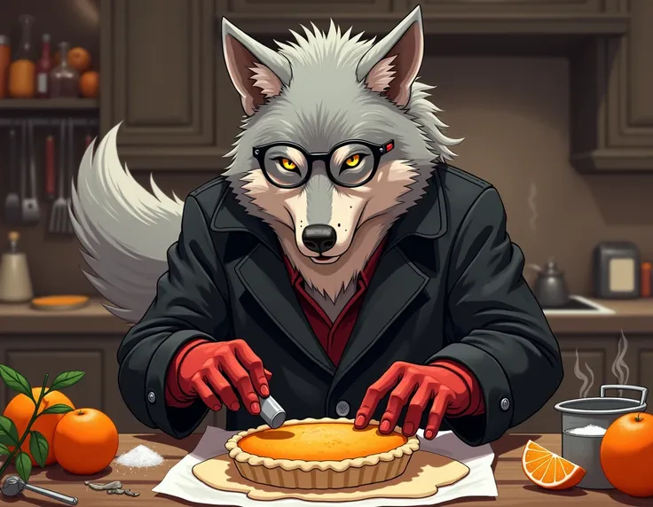 a wolf, drawing style for ren , Cooking a tangerine pie