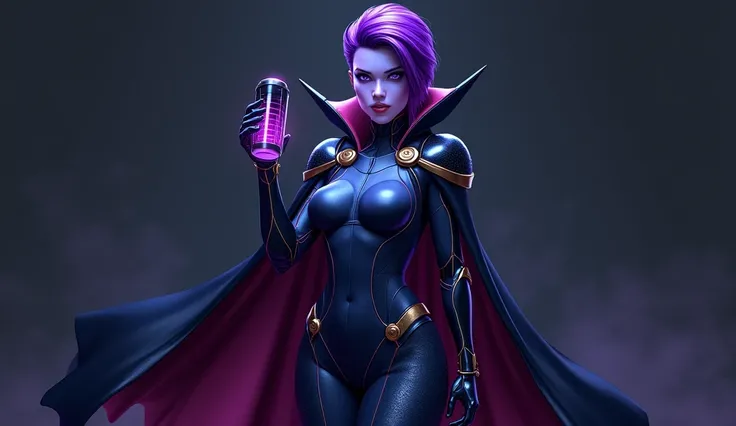 A highly realistic and detailed depiction of a futuristic superhero character inspired by Psiona, featuring a sleek, high-tech bodysuit in shades of deep blue and accents of vibrant purple. She wears a flowing black cape with sharp edges, adding a sense of...