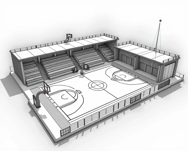  make me some plans for the construction of an outdoor basketball court, with bathrooms , Warehouse and stands in black and white in two dimensions,  the biggest bleachers and the largest warehouse and the bathrooms elsewhere 