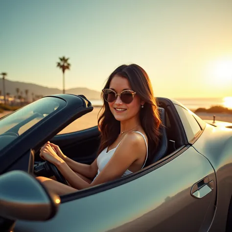 portrait of Katie Chang with casual clothes and sunglasses driving a luxuous sport car and smiling to camera, in the background a landscape of Los Angeles with beaches and the pier of Santa Monica, at day