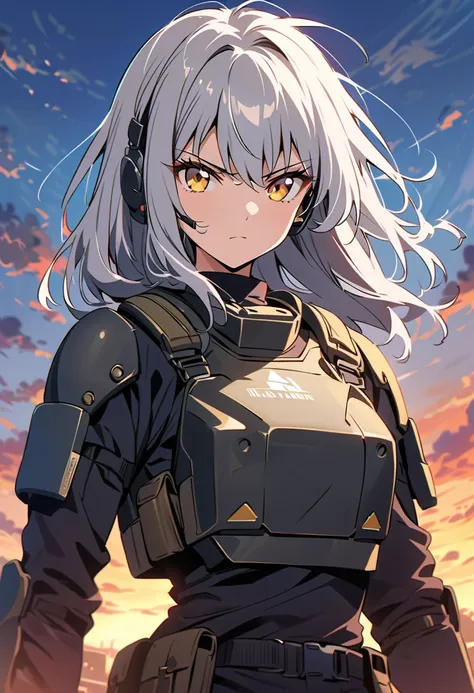 19 years old girl, 1girl, (medium length grey hair), golden yellow eyes, black modern elite soldier clothing, combat earset, black combat trousers with armor pads, bulletproof chest armor plate, cool-looking, badass, stern, serious emotion, holding an heav...