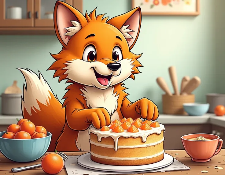 a wolf,  drawing style for ren happy and cheerful, Preparing a tangerine cake 