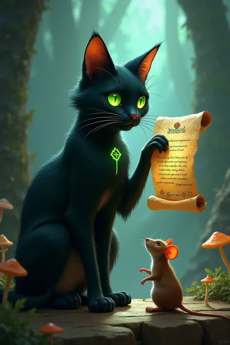 A mysterious cat offering a scroll to a mouse