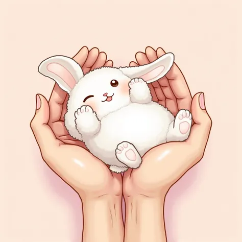 Perspective and Subject:
Create a close-up image from a slightly top-down perspective showing a super cute and tiny bunny lying on its back in a pair of gentle hands. The bunny is relaxed, with its paws resting in the air, emphasizing its small size and ad...