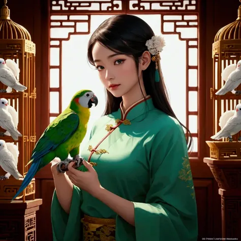 ( original photo,  best quality ), ( actual , Photo  actual : 1.3),  best quality ,  height detail, masterpiece,  Super Detailed , illustration, A beautiful eyed beauty in a white Han costume decorating a white parrot in a fancy bird cage_The view on a tra...