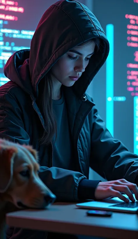 Create a similar style image showing a, software engineer working on laptop, in cyber punk hody and the dog with him and coding in background