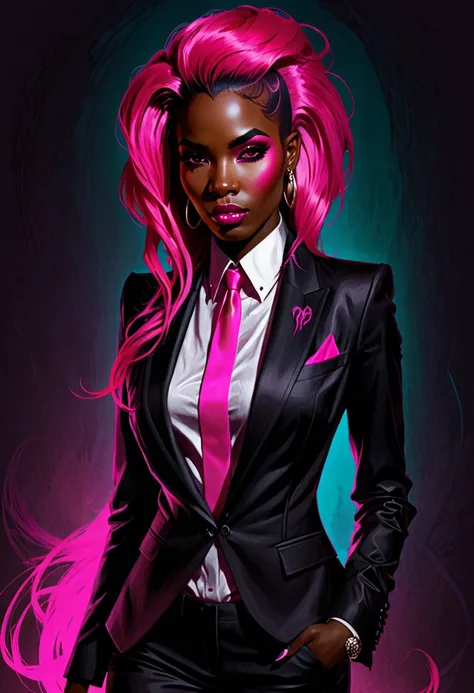 in the style of Charlie Bowater , vampire, woman, punk, in suit, neon pink mane, african woman