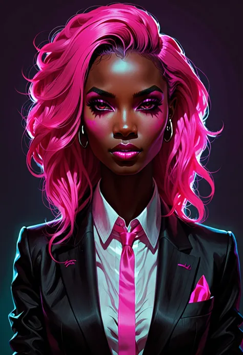 in the style of Charlie Bowater , vampire, woman, punk, in suit, neon pink mane, african woman