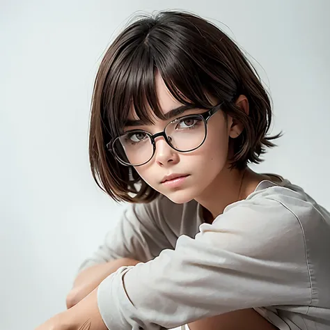 image split vertically in three, the cute tomboy girl Nika whose age is older than the universe itself with nice natural chestnuts has short boyish short messy very shaggy brown hair disheveled for wind, with small stature, with a slighly tanned skin and r...