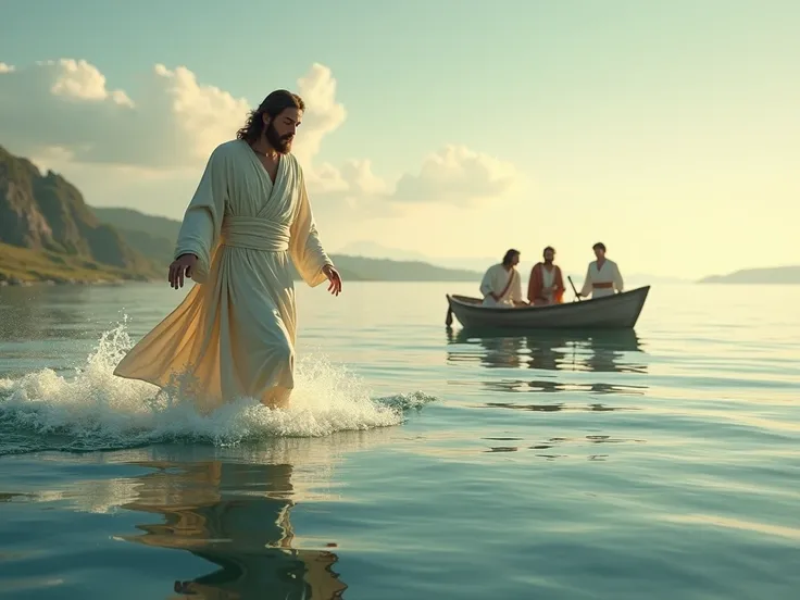 Create an image of Jesus Christ walking on water