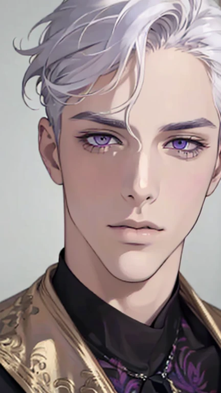 "(best quality,ultra-detailed,realistic:1.37),Medium,portrait,purple eyes,white hair,Man with medium hair,Fine painting style,Detailed facial features,attractive male appearance"