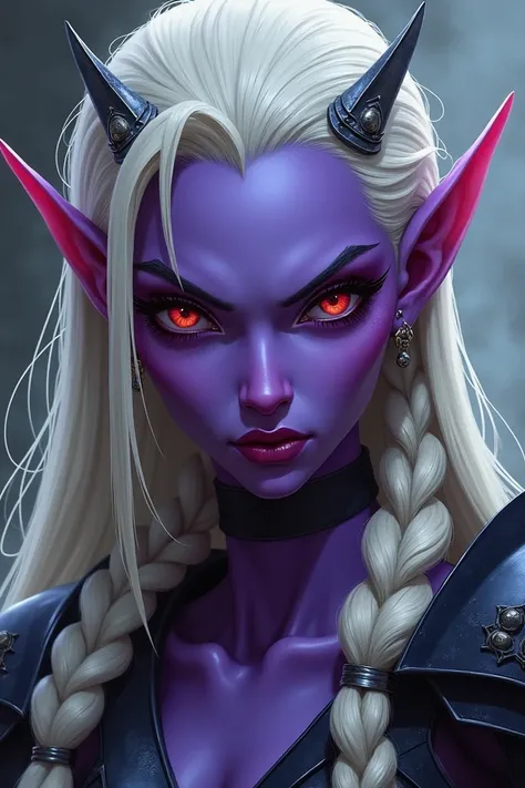 A close up of a Cartoon woman. She is from the dungeon and dragons Universe, a elven drow with purple skin and long white braided hair. Her hair is tied with metal bands that can be used as weapons. She has armour on.