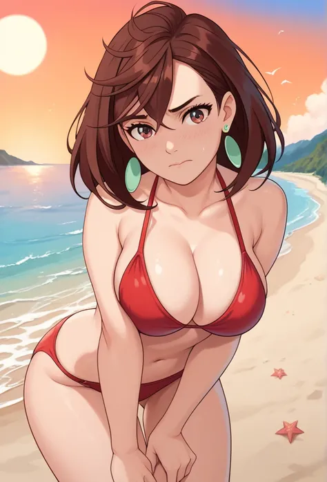 ayase_wz, medium hair, brown hair, brown eyes, big breasts, posing embarrassed, red bikini, green earrings, red face, big breasts, detailed background, beach, sun, sea.