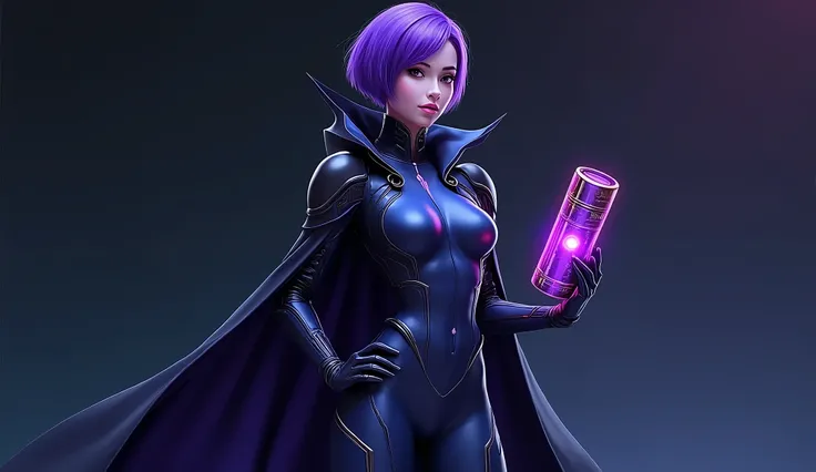 A highly realistic and detailed depiction of a futuristic superhero character inspired by Psiona, featuring a sleek, high-tech bodysuit in shades of deep blue and accents of vibrant purple. She wears a flowing black cape with sharp edges, adding a sense of...