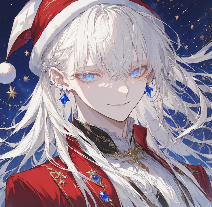 (Masterpiece, high resolution, best quality), albino, bangs, bangs, covered forehead, bangs in the forehead, androgynous male, feminile male, bangs, happy, soft smile, look at you, bishonen, bangs, long hair, beautiful blue eyes, solo, 1 male, 20-years old...