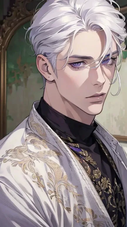 "(best quality,ultra-detailed,realistic:1.37),Medium,portrait,purple eyes,white hair,Man with medium hair,Fine painting style,Detailed facial features,attractive male appearance"