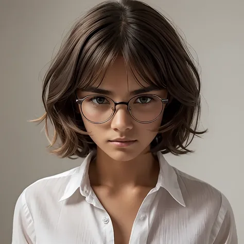 image split vertically in three, the cute tomboy girl Nika whose age is older than the universe itself with nice natural chestnuts has short boyish short messy very shaggy brown hair disheveled for wind, with small stature, with a slighly tanned skin and r...