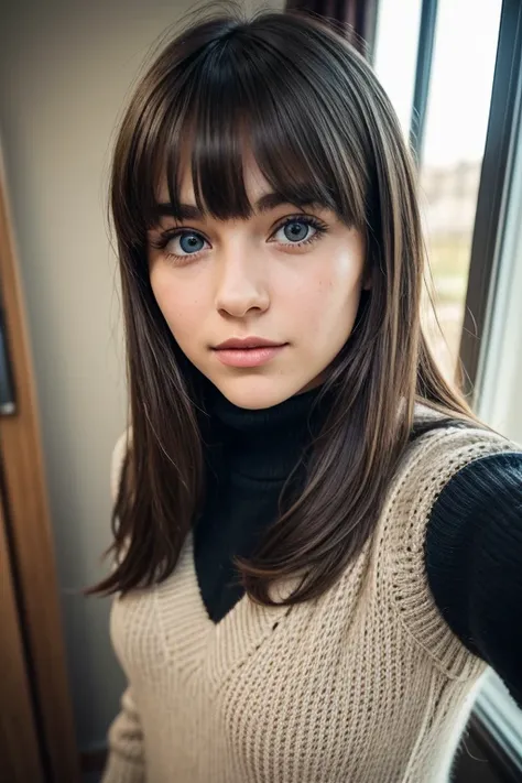  A photo of a young teenage girl larger ,  leaning slightly towards the camera . She has fair skin.,  blue eyes and straight brown hair with bangs ,  combed back into a low tail .  Her facial expression is playful and flirty .  She is wearing a black sweat...