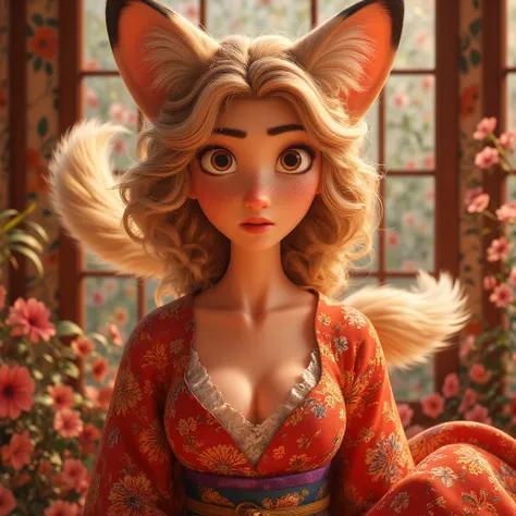 Painting of a 1 beautifull kitsune queen in a gorgeous 90s japaness kimono,blonde hairs, french braid, hair hide ear, hime cut, very long hair, heart-shaped pupils, animal ears, fox ears,"long orange fox ears with black tips", covering ears, kemonomimi mod...