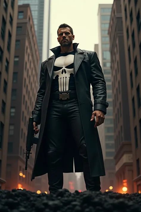 The Punisher, standing on the too of a building in New York, assault rifle in right hand pointed up, Solo, High Resolution, Best Quality, Masterpiece, Award Winning, Super Detailed, Depth Of Field, Cinematic Lighting, 3D Rendering, Cinematic, Cinematograph...