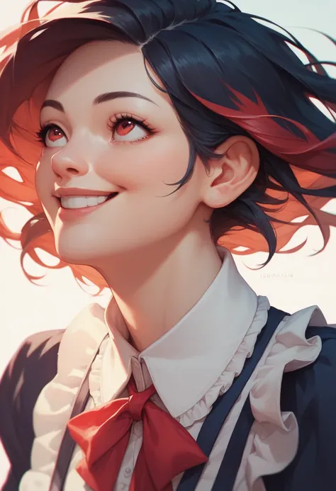 Top Quality, Masterpiece, Black Hair, Red Eyes, Looking Up, Upper Body, Kawaii, Ruffled Shirt, Smile,Red Hair