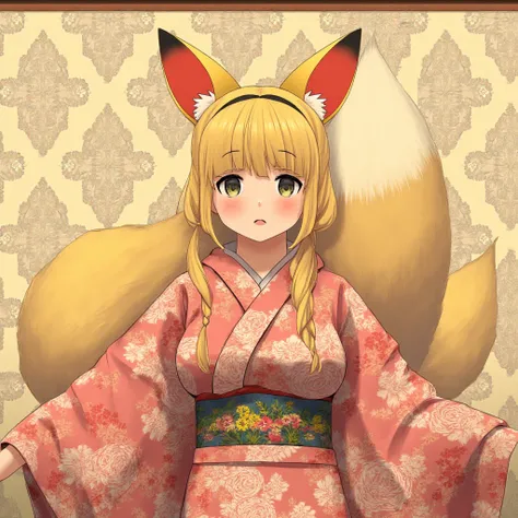 Painting of a 1 beautifull kitsune queen in a gorgeous 90s japaness kimono,blonde hairs, french braid, hair hide ear, hime cut, very long hair, heart-shaped pupils, animal ears, fox ears,"long orange fox ears with black tips", covering ears, kemonomimi mod...