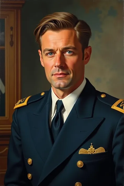  Create a portrait based on the 1955 years of the Londrina , a man with short, light brown hair from the time ,  small pointed nose , small mouth, Clean-shaven face,  blue-eyed high society he is wearing a navy blue British Navy uniform 