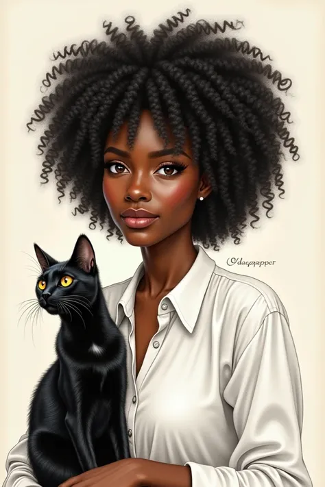 A drawing of a black woman with curly hair wearing a white blouse drawn a black cat and written by Dagipapper