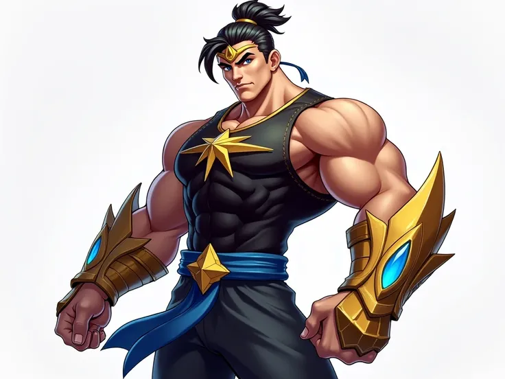  This picture features a muscular character from the game Mobile Legends .  This character has a strong and bold look ,  with short hair tied over his head and wearing a gold-colored head ornament .typical crowned like mahabarata figures

Her upper body lo...