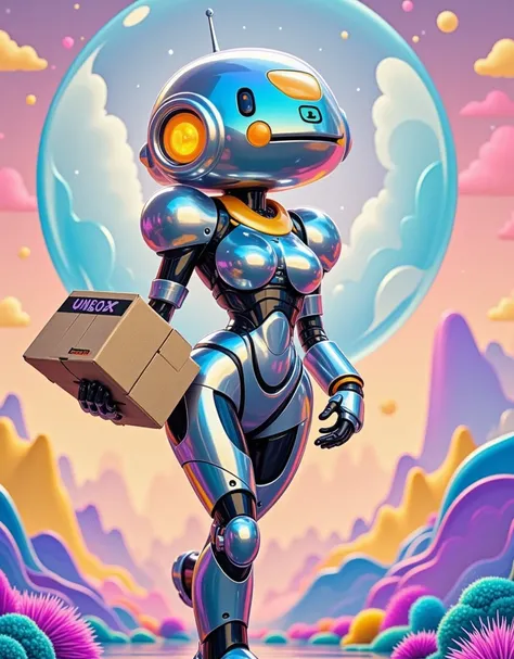  cartoon create a friendly looking robot , The robot feels joy , light and shadow， fresh and natural ，conto de fadas，rich colors，abstract composition，fantasy atmosphere，  dreamlike emotions  ，3d,  rendering c2d , 8k, Super high detail, bright colors，bright...