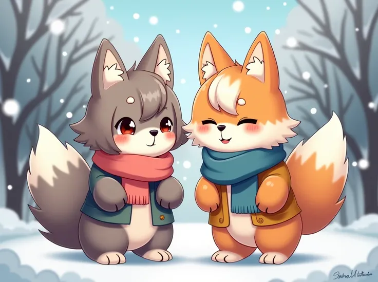 2 adult furry, cute hair covering one eye, cute background, winter outfit