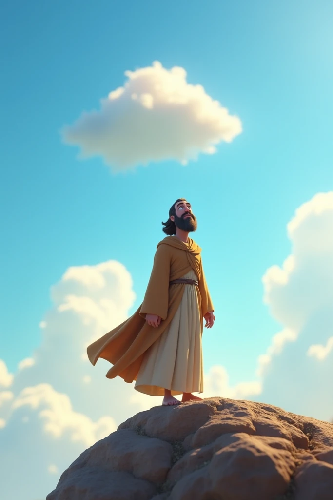 A calm and inspiring Disney Pixar 3D moment of Elijah standing at the edge of Mount Carmel. His robe flows in the wind, and his large, expressive eyes gaze at a small, fluffy cloud forming in the bright sky. The scene conveys hope and victory with a whimsi...