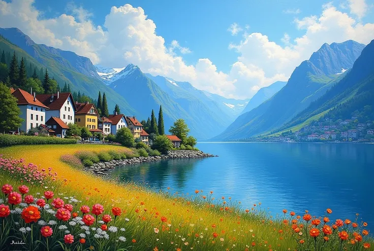  Oil Painting , beautiful landscape on the edge of Lake Geneva in Montreux, Switzerland,  Strong color contrasts ,  clear shapes bright colors .  Small flowers., contrasts of light and shade and typical houses of the region.