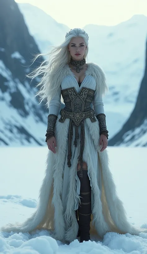 fantasy, nordic mythology, full body shot, panoramic view, strong female character from ix century, viking, descendant of the gods, stand proudly in knee-deep snow, clearly visible footprints in the deep and pristine snow to the place where she stand, pier...