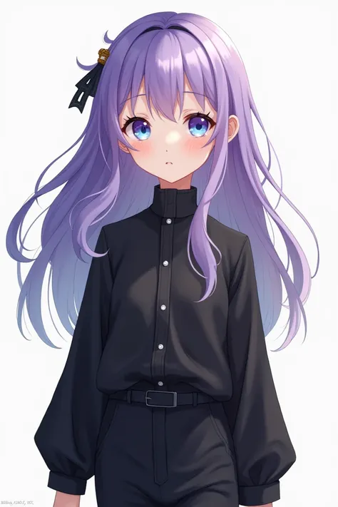  Anime girl with purple hair and white tips,  blue eyes ,  freckles on the cheek , 145 cm tall ,  wears a black shirt with long sleeves and long collar ,  wearing black pants 