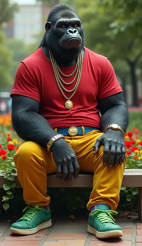 A gorilla with the head of a gorilla and the body of a human with four chains around the neck two gold two silver chains a gold watch on the wrist and two silver chains on the wrist red t-shirt inside the long pants yellow jeans with a blue belt green snea...