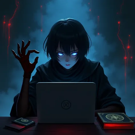 there is a man that is sitting on a table with a necronomicon, ghost in the shell art style, ghost in the shell style, cyberpunk anime art, ghost in the shell color scheme, ghost in the shell, ghost-in-the-shell, metal gear solid anime cyberpunk, digital c...