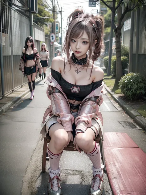 (Three Beauties, 3 girls :1.5)、( show your teeth and laugh:1.3),(Shibuya Gal:1.5)、(Beautiful gravure model:1.5)、(Neo-Goth Fashion:1.5)、( Punk Rock Visual :1.5)、( magenta and beige and red off-shoulder hoodie, Adorned with delicate silver jewelry.:1.5)、( pi...