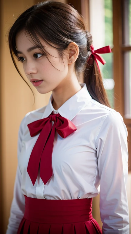 there is a woman in a white shirt with a red ribbon on her chest, nivanh chanthara, white ribbon, profile picture 1024px, only with red, thawan duchanee, red ribbon, wonderful masterpiece, jia, 18 years old, white red, peacefull, yuli ban, sakimi chan, wea...