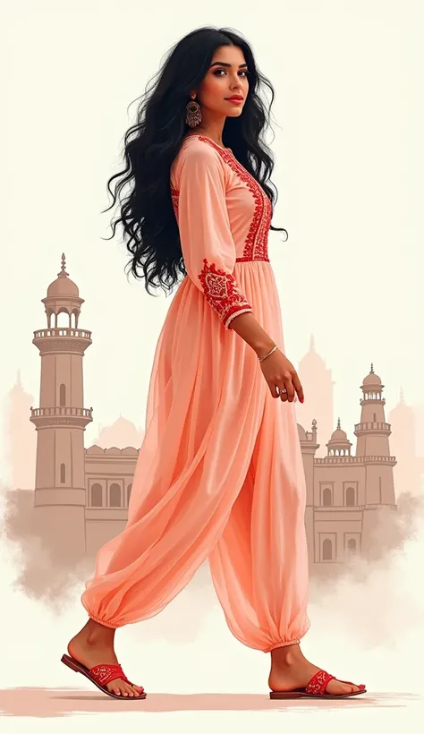  fashion illustration, side view, full body portrait of a gorgeous pakistani voluptuous very busty woman walking, full lips, pakistani ornaments, long wide thick curly black hair,  sheer light orange loose thin transparent pants, lahore old town skyline ou...