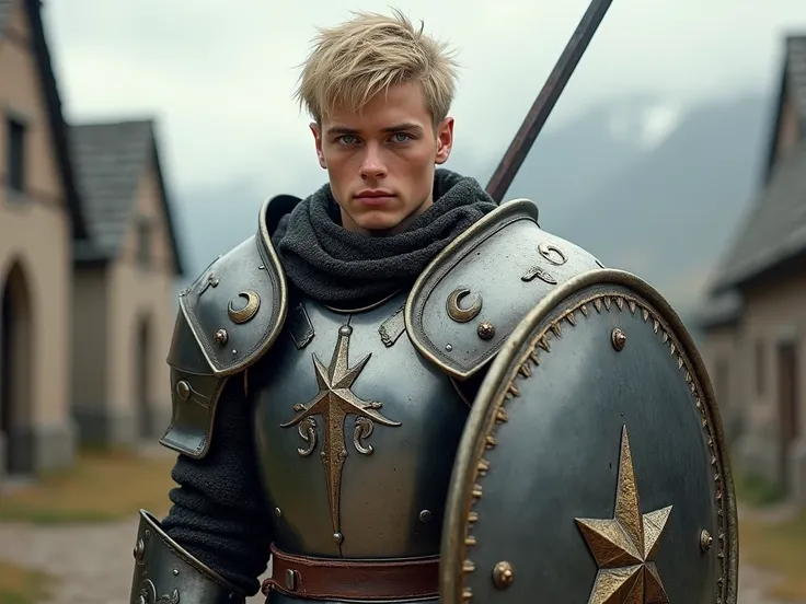 1guy, 24 years of age, ashen blonde hair, light blue eyes, sword and shield, tank, steel armor, medium armor, medieval theme