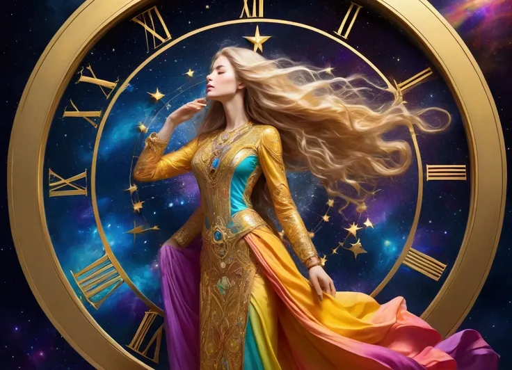  A cosmic scene where watches float in space ,  representing divine synchronicity .  A figure of a woman with long and shiny hair ,  wearing fluid and colorful clothes ,  observes a floating gold clock ,  symbolizing the harmony of divine time . Bright sta...