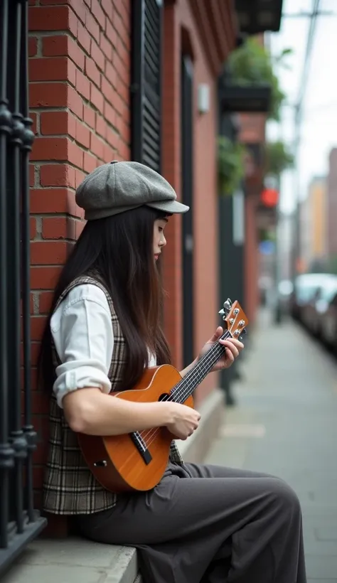 Masterpiece, 8K, Professional photography A long-haired dark-brown Japanese woman wearing a flat cap, a short white shirt with rolled-up sleeves, and a plaid vest sits on a ledge next to a brick wall, playing a ukulele. The urban backdrop with its red bric...