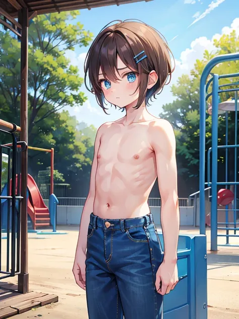 White boy , 10y, 1:3, standing, side view, shirtless, blue very high waisted denim jeans, short pixie hair, brown hair, hair clip, blue eyes, shy, playground, ren in background