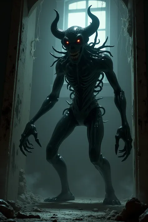 A creature similar to double from the game Skullgirls mobile in a dark house