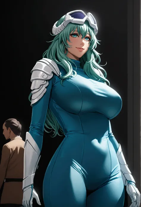 Nelliel,  big breasts,  ,
( better quality ,  masterpiece, raw photo, ultra detailed :1.2), 1 girl,Alone, looking at the spectator ,smile,wears blue leggings,sexy,vug ,latex skirt