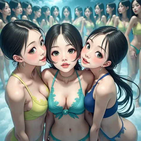 Real Live-Action, (XLabs F.1 Realism LoRA V1), 8K HDR Group photo, many Idol group girls Surrounding the camera in Upward composition, Panoramic, Filled with many Faces, Looking down at the camera, Face closeup from below, LifeLike rendering, Super-Detaile...